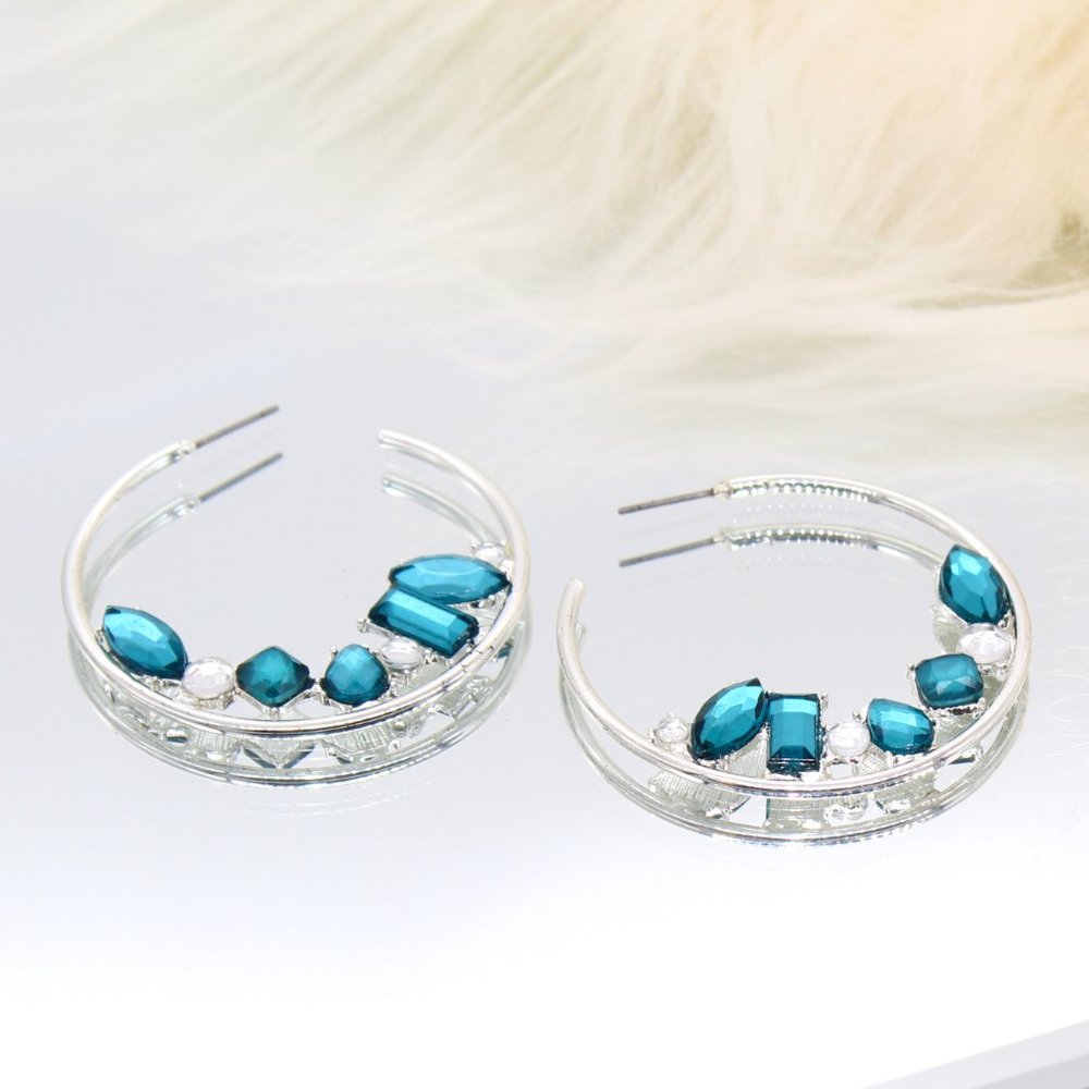 Nine West Turquoise and Clear Faux Rhine Stone Silver-tone Open Hoop Earrings